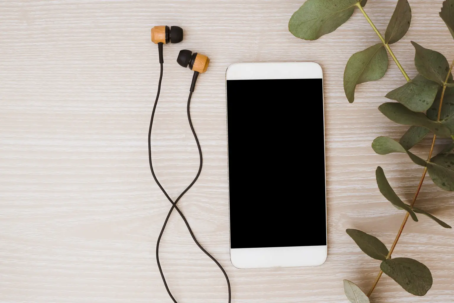 earphone-mobile-phone-and-leaves-on-wooden-background