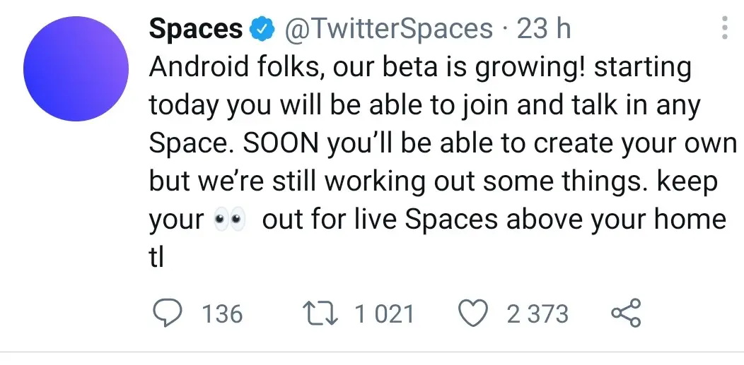 tweet de Spaces pour son déploiement vers Android