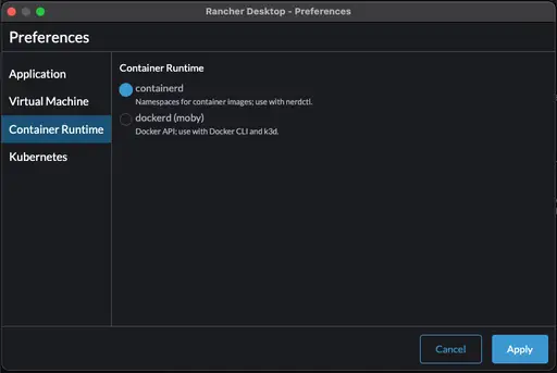 Fenête Des Préférences Du Container Runtime De Rancher Desktop